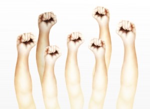Here's a stock photo of defiant fists in the air and for all you know, they are all different races, genders, sexualities, religions, and sizes, so you can't get offended you're not included.